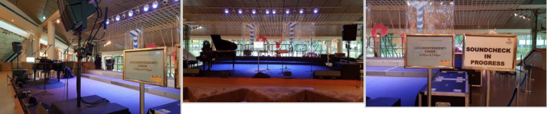 Three views of an indoor stage with a grand piano, stage lights, and a "Soundcheck In Progress" sign.
